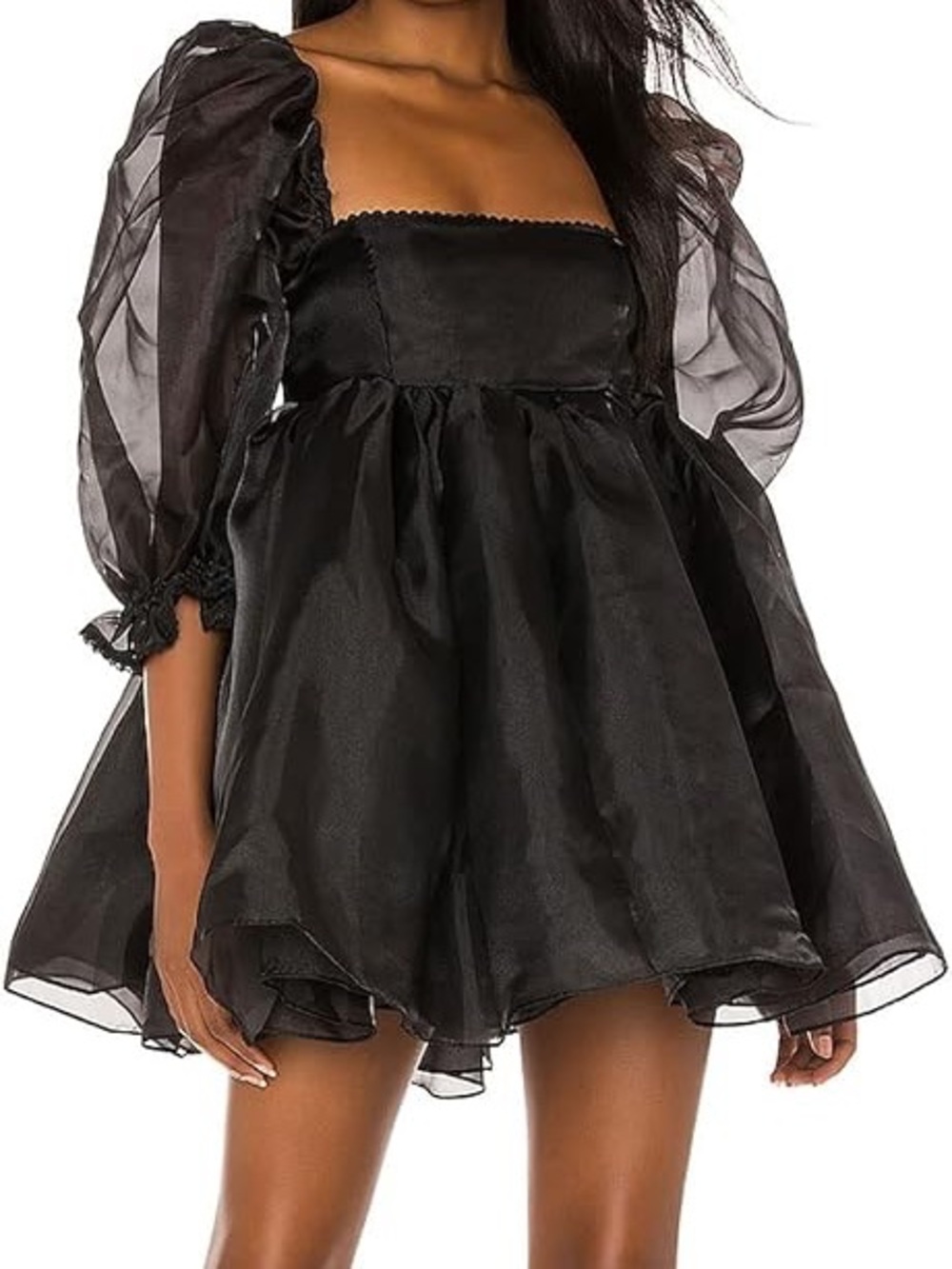 Black Puff-Sleeve Mini Dress with Square Neck